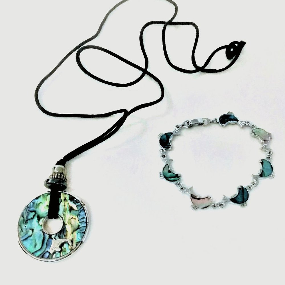 Abalone Shell Dolphin Bracelet & Pendant Rope Necklace with Dolphin Pendant